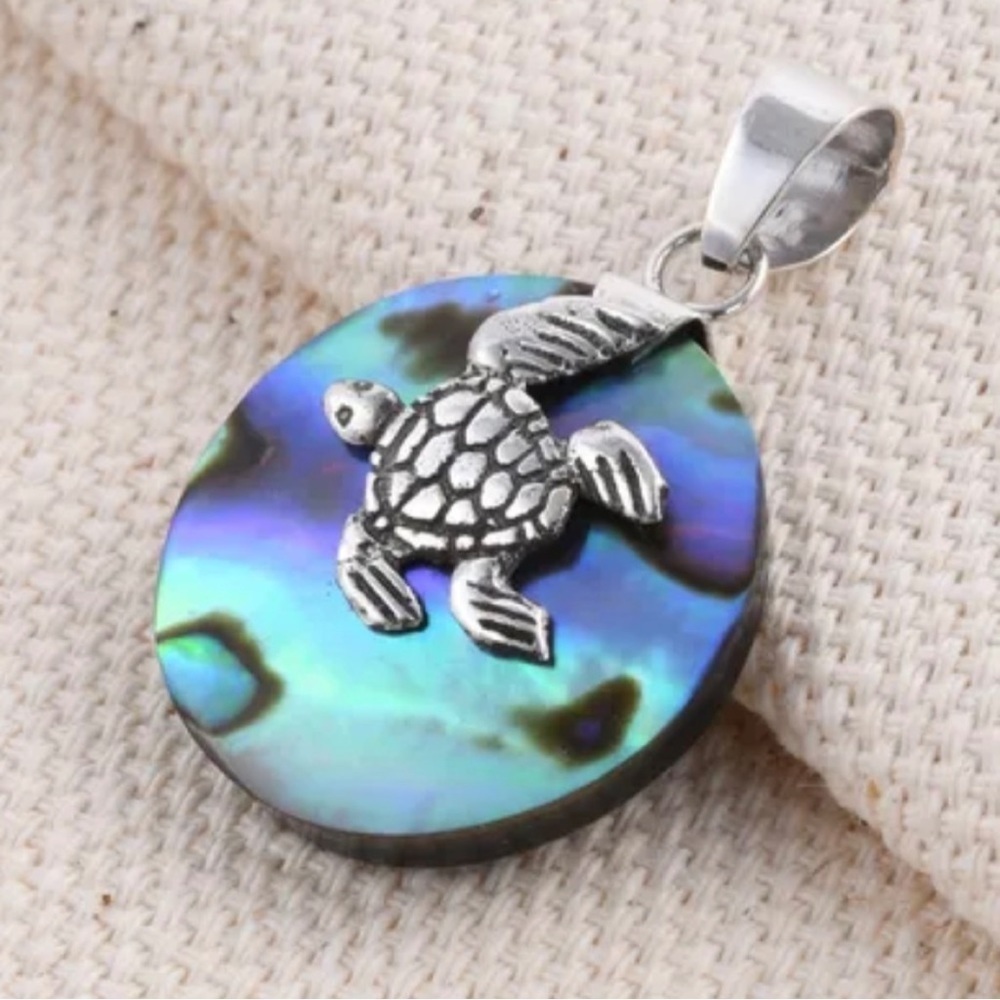 Blue Green Abalone Shell Turtle Pendant in Sterling Silver